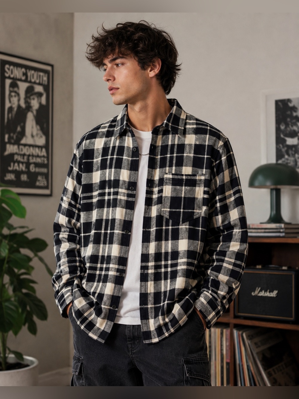 BDG Black & Cream Plaid Button-Down Flannel Shirt
